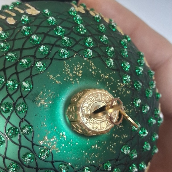 2 Vintage Dept 56 Poland Glass Ornaments Green Gold Glitter Embellished Elegant - Picture 9 of 16